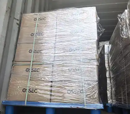 Palette de cartons marqués OSSEC, filmée et cerclée, chargée dans un conteneur maritime