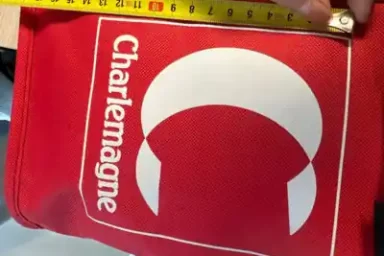 Contrôle au mètre ruban des dimensions du logo sérigraphié sur un panier magasin rouge Charlemagne