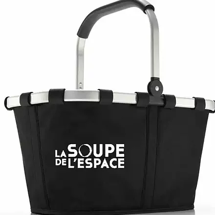 Maquette de panier magasin noir à cadre aluminium, logo La Soupe de l’Espace en blanc