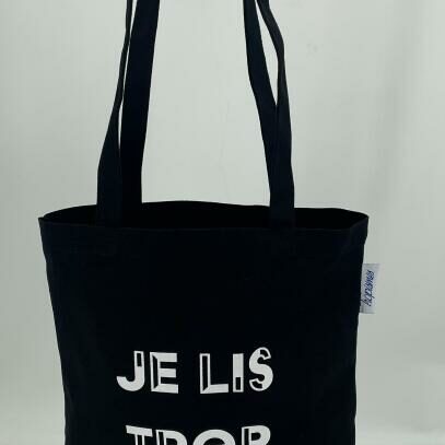 Tote bag noir personnalisé pour librairie, impression blanche