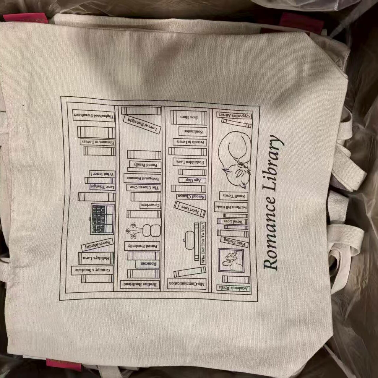 Tote bag en toile de coton imprimé illustration bibliothèque romance