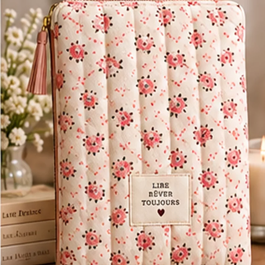 Pochette de livre matelassée grand format, motif Cœurs fleuris (visuel de présentation)