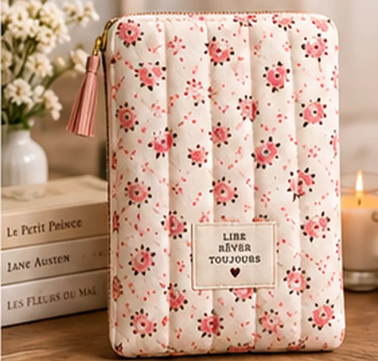 Pochette de livre matelassée format poche, motif Cœurs fleuris (visuel de présentation)
