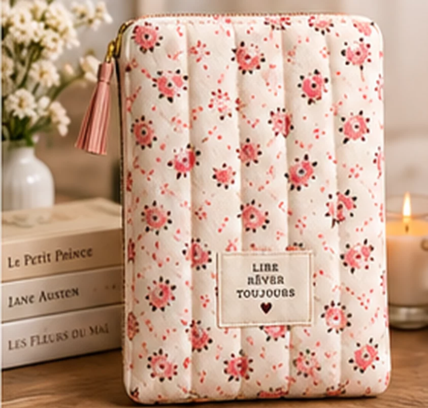 Pochette de livre matelassée format poche, motif Cœurs fleuris (visuel de présentation)